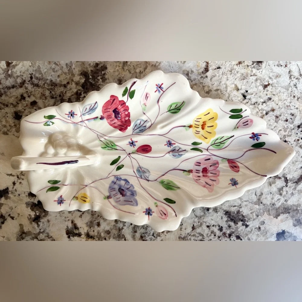 Blue Ridge Vintage Hand Painted Floral Ceramic Leaf Dish‎ EUC